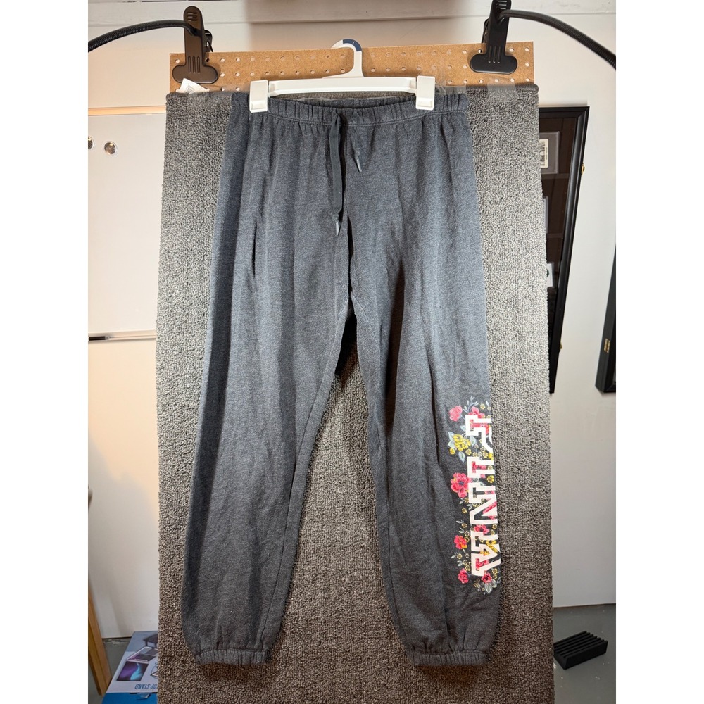 PINK Victoria's Secret Sweatpants Women Medium Gray Floral Logo Joggers